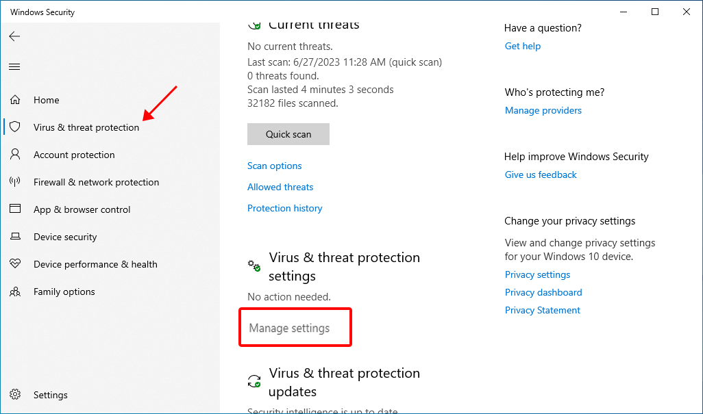 Manage Virus and threat protection settings